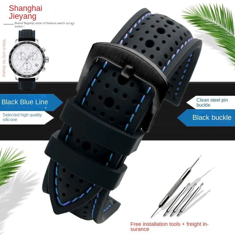 Polar Perforated Silicone Band with Contrast Stitching — Black / Blue Stitching / Black Buckle