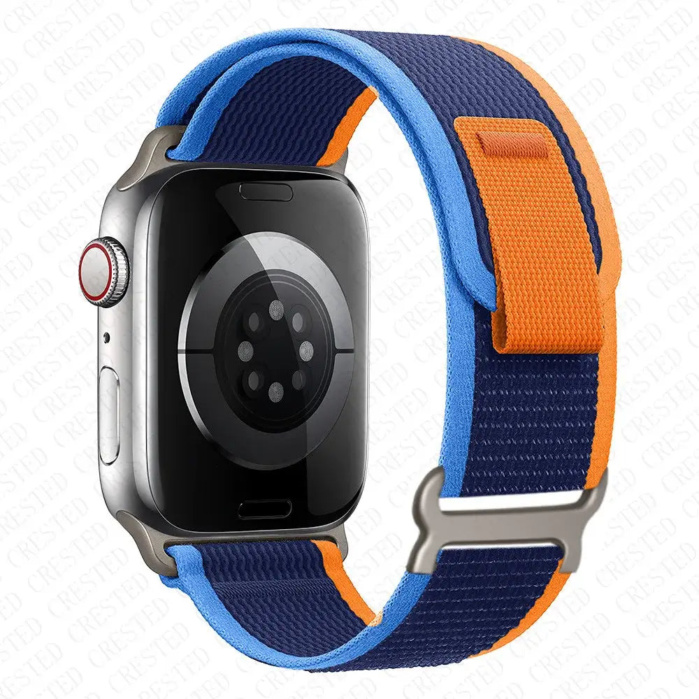 Navy / Light Blue / Orange woven nylon Apple Watch band with pull tab