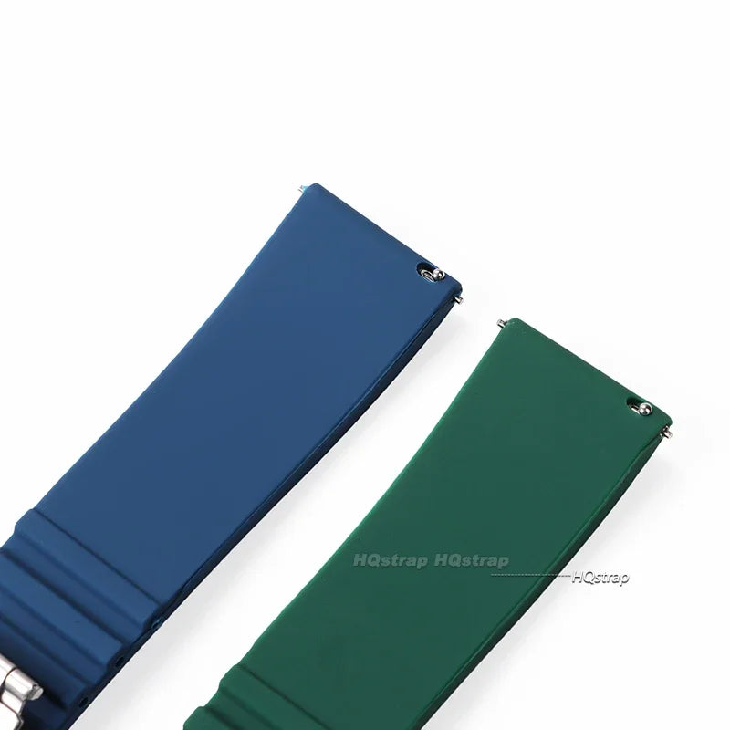 OnePlus Watch Band Silicone Rubber Strap Deployment Buckle Black Brown Green in blue and green colors.