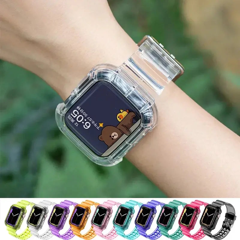 Clear Apple Watch band and bumper case worn on wrist with color preview strip