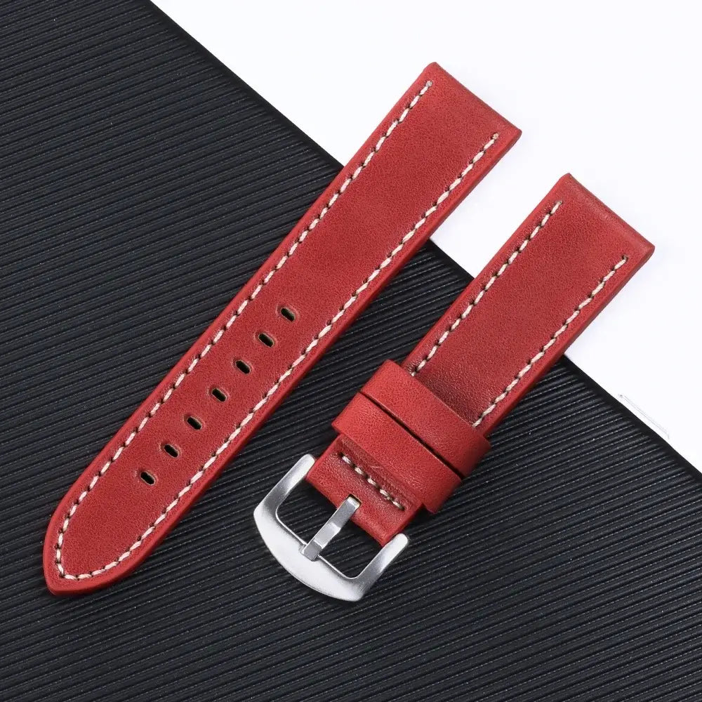Samsung Galaxy Watch Leather Band with Stitching Options in Red / White Stitching with silver-tone buckle