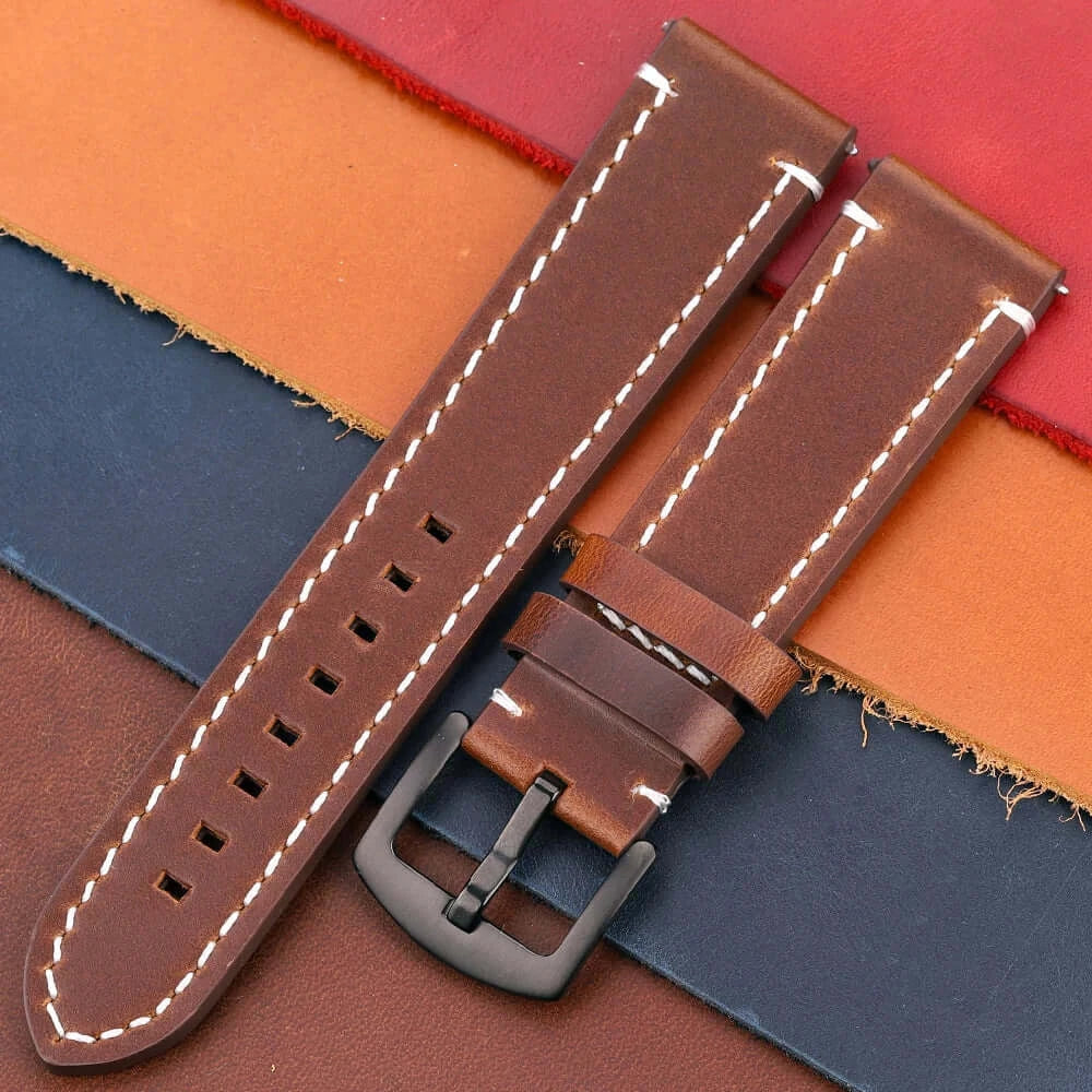 Samsung Galaxy Watch Contrast-Stitch Buckle Leather Band in Dark Brown / Black Buckle