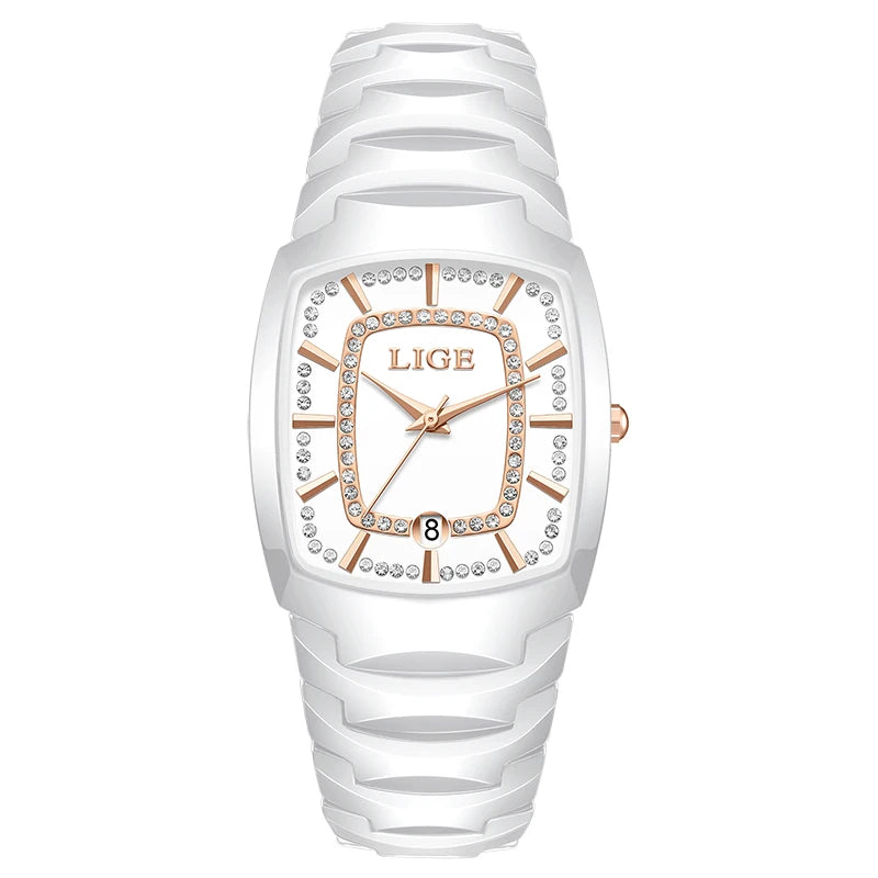 Women's Ceramic Tonneau Crystal Dial Watch — White / Rose Gold-Tone Accents