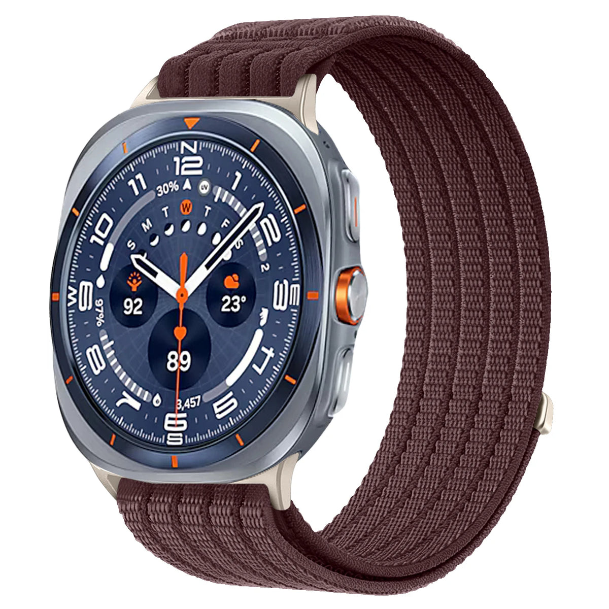 Samsung Galaxy Sport Nylon Woven Loop Watch Band – Watch8/Watch8 Classic/Watch9/Ultra/Ultra2 in smoke purple color on smartwatch.