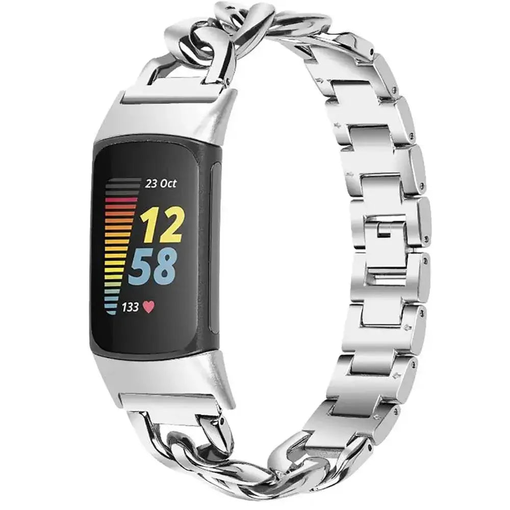 Fitbit Charge 5 & 6 Curb-Chain Steel Band silver chain-accent bracelet shown on a tracker