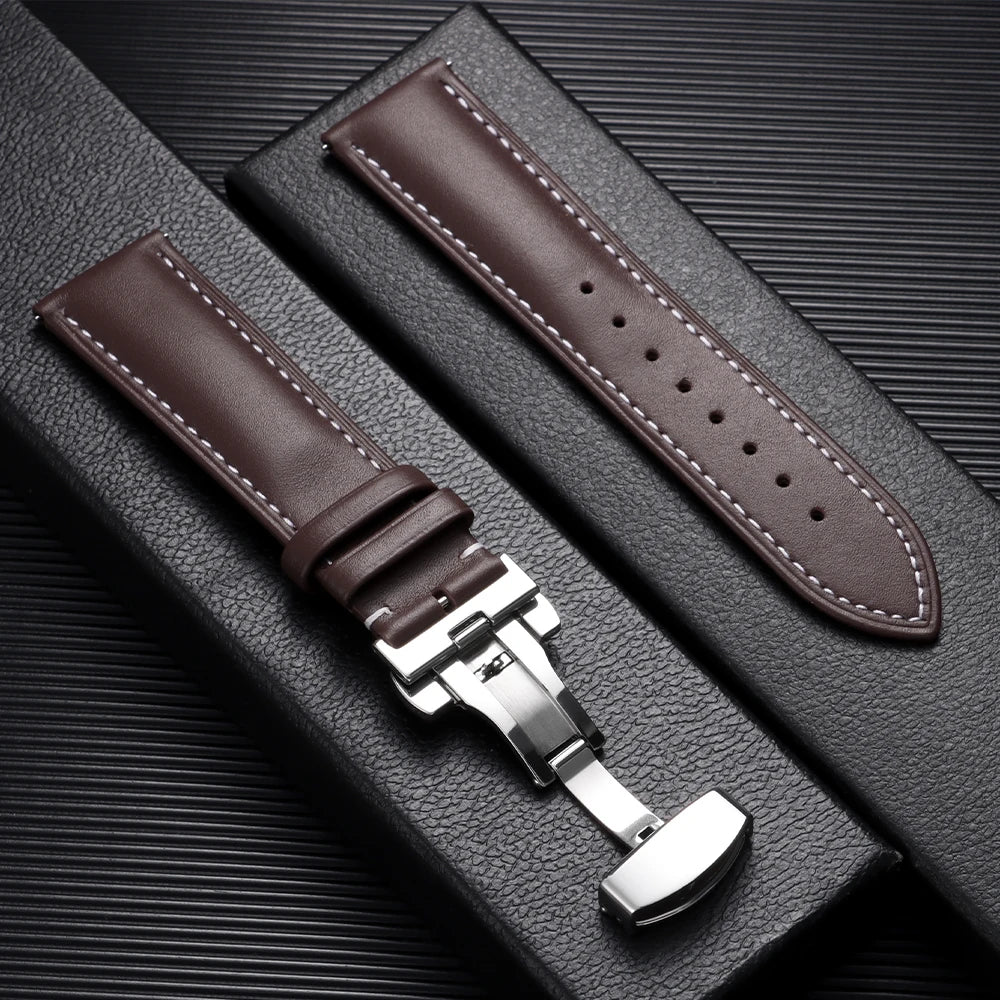 Garmin Leather Butterfly Clasp Band in Dark Brown, White Stitching