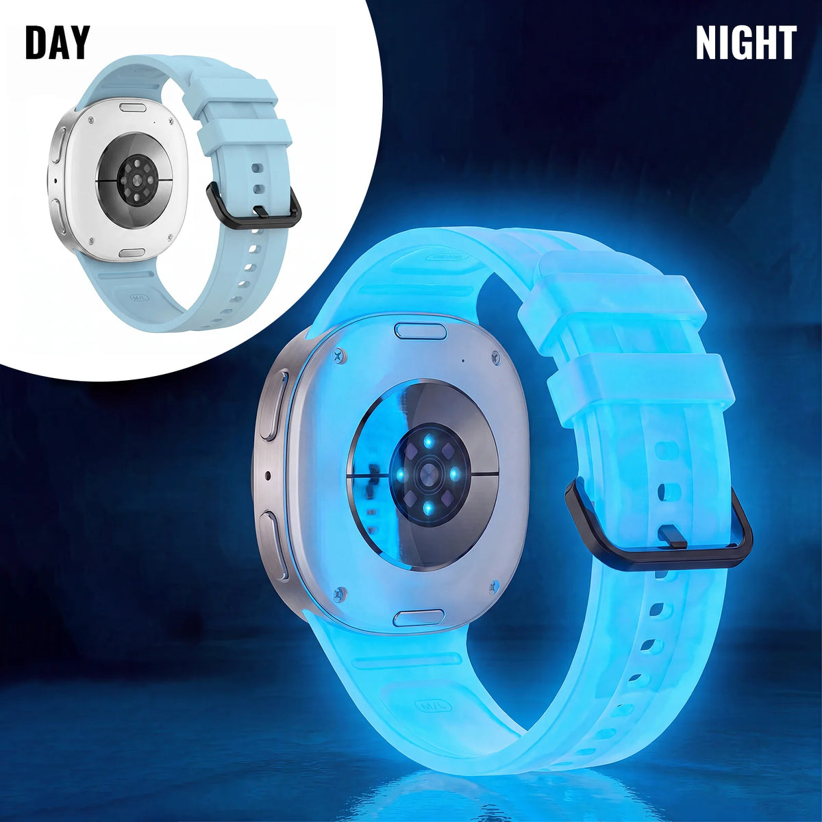 Samsung Galaxy Luminous Silicone Watch Band - Watch8/Watch8 Classic/Watch9 Neon Glow Strap in blue, glowing in the dark.