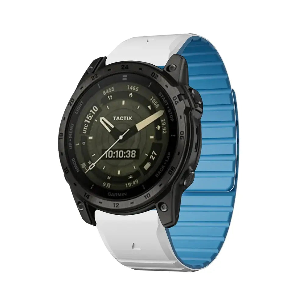Garmin QuickFit Magnetic Silicone Wrap Band white and blue band shown on a watch