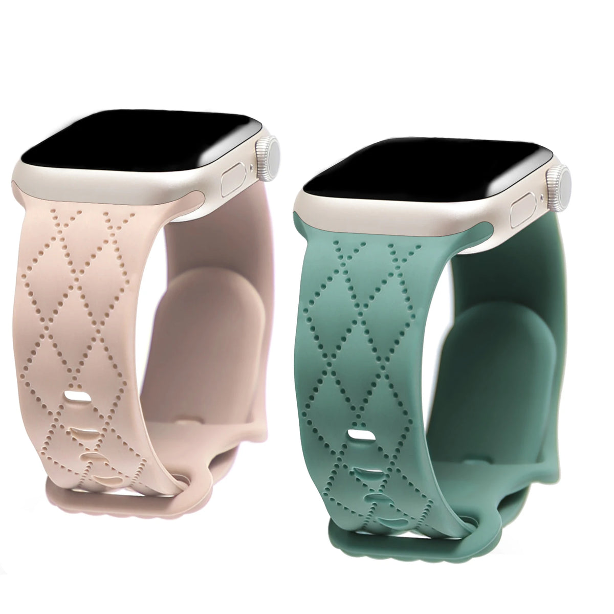 Pink and green quilted diamond-pattern bands shown together for Apple Watch