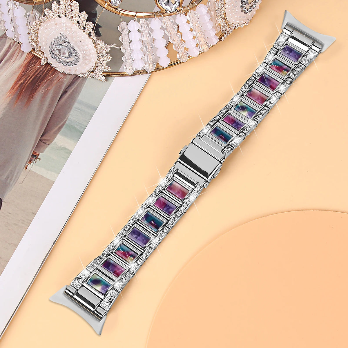 Silver / Purple / Green Google Pixel Watch 5, 4 and 3 41mm Resin Inlay Link Bracelet Band