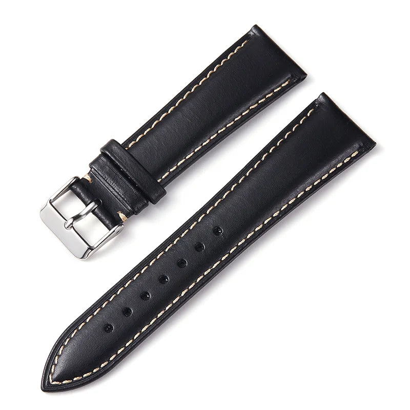 OnePlus Watch Bands, Oil Wax Leather Strap, Cowhide Replacement Band in black with buckle detail.