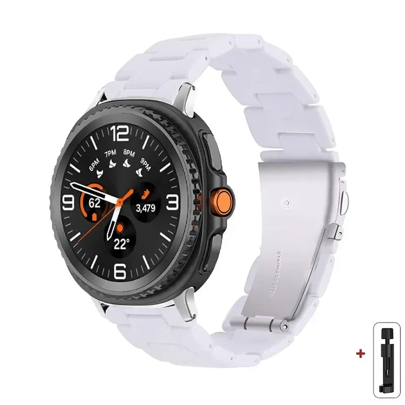 Samsung Galaxy Resin Link Watch Band - Tortoise Women Watch8/Watch8 Classic/Watch9 Ultra/Ultra2 on smartwatch with white band.