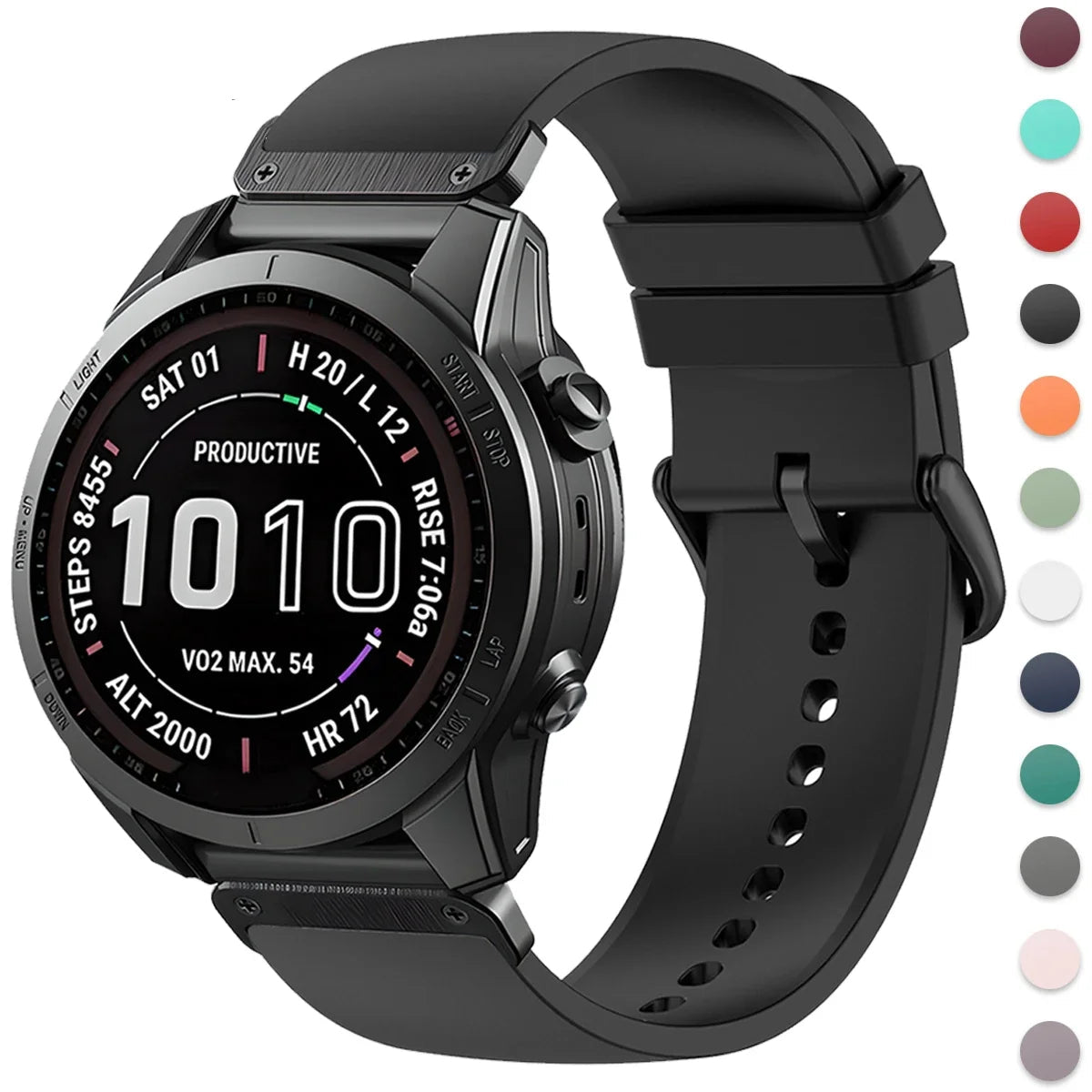 Garmin QuickFit Smooth Silicone Buckle Band black silicone band shown on a watch with color swatches