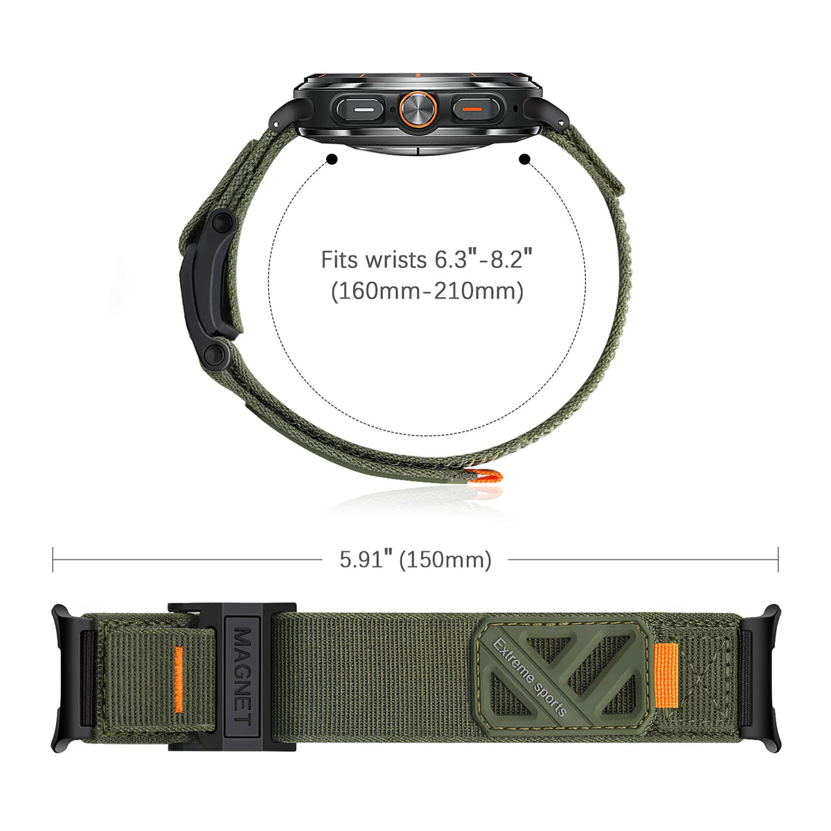 Samsung Galaxy Sport Magnetic Nylon Watch Band – Ultra/Ultra2 with tactical olive green strap and magnetic closure.