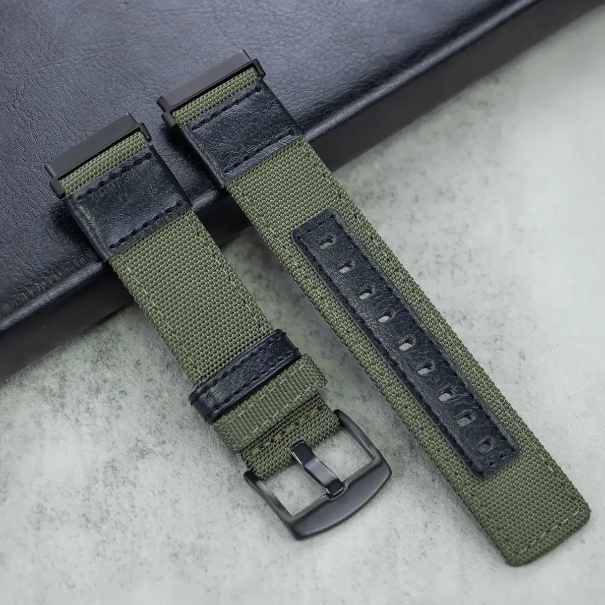 Fitbit Versa & Sense Nylon Band with Leather Details - Army Green