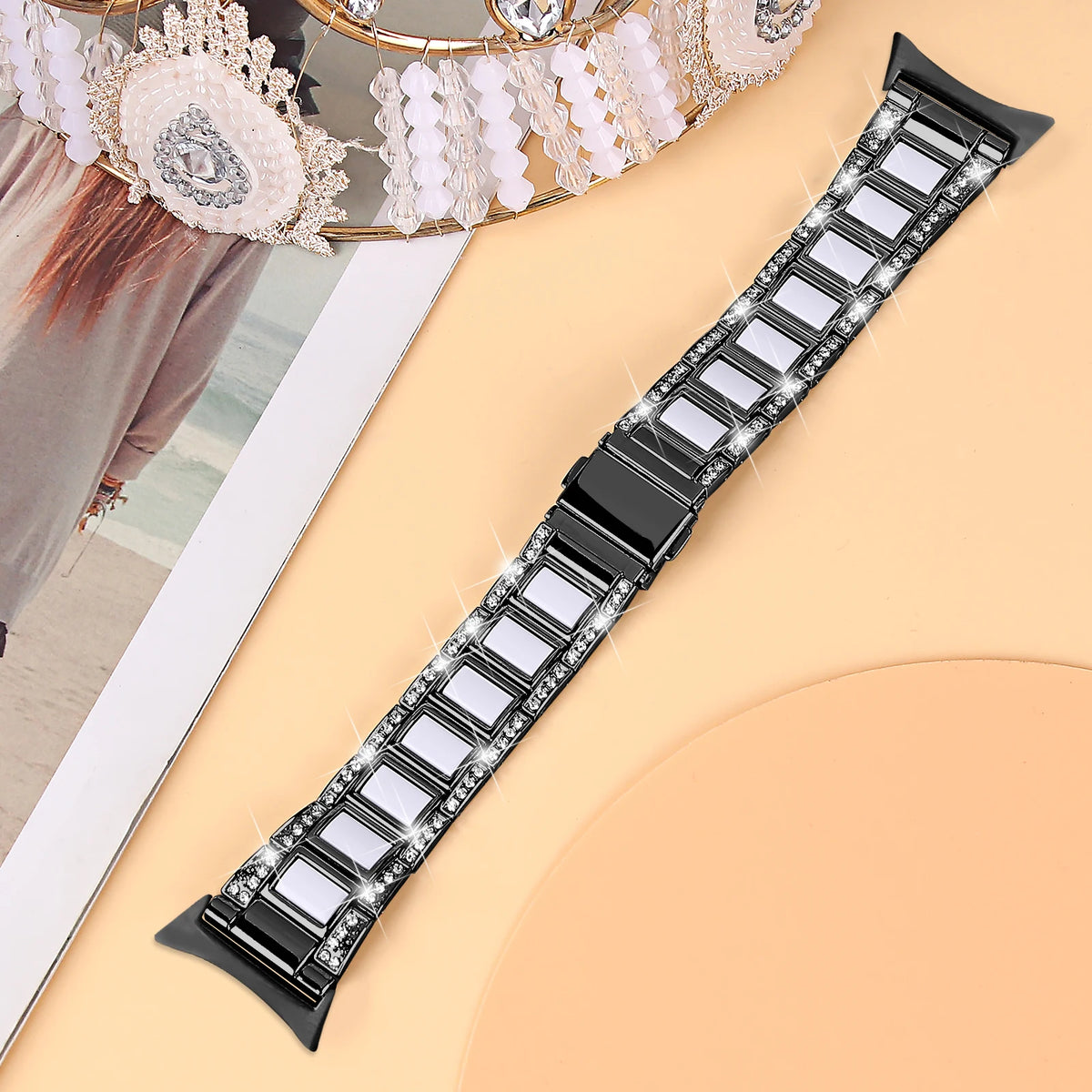 Black / White Google Pixel Watch 5, 4 and 3 41mm Resin Inlay Link Bracelet Band