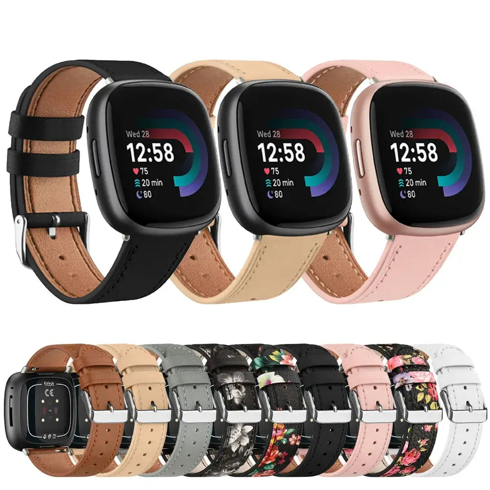 Fitbit Versa 3/4 & Sense 1/2 Leather Buckle Band - Solid and floral color options