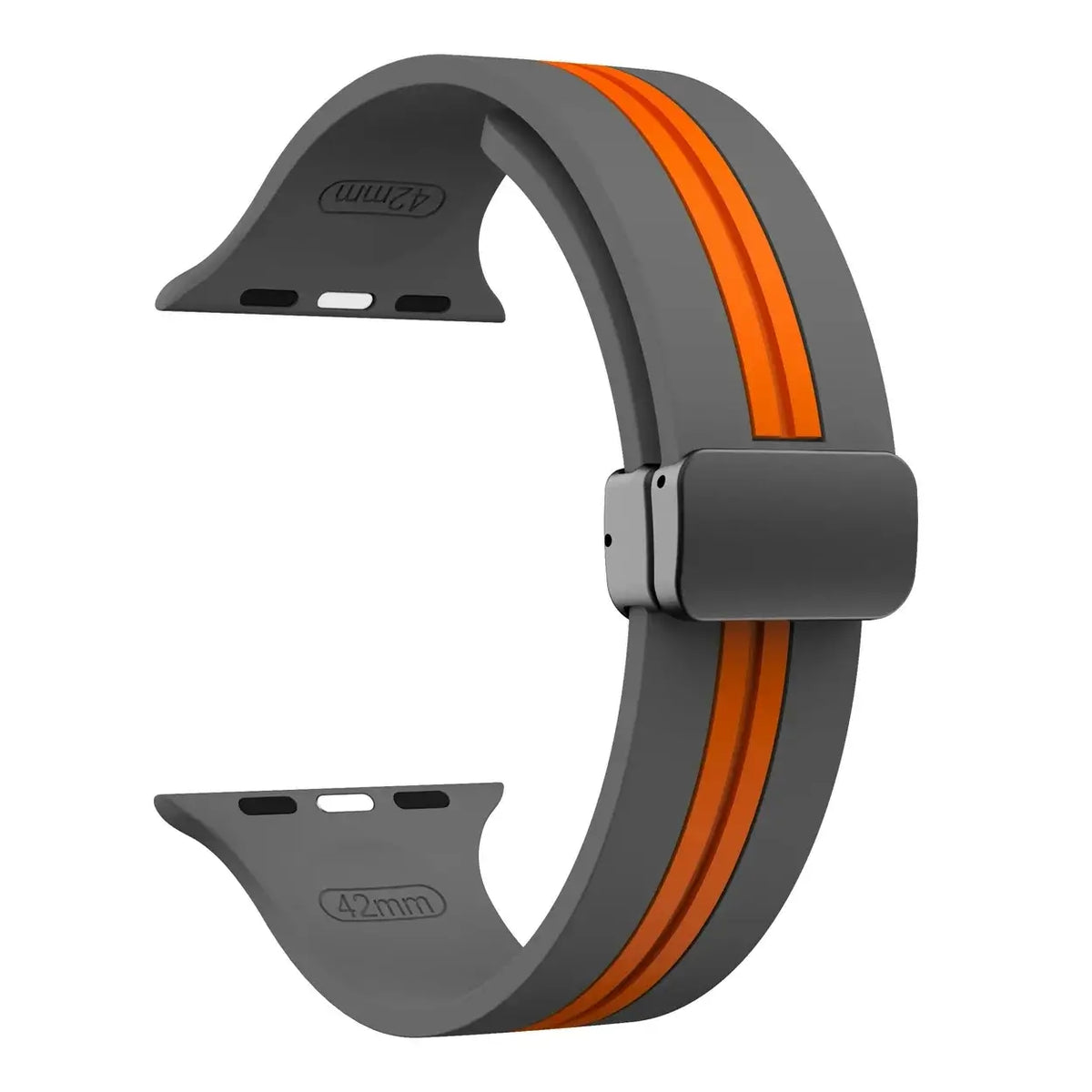 Gray / Orange - Black Clasp striped silicone Apple Watch band with magnetic clasp