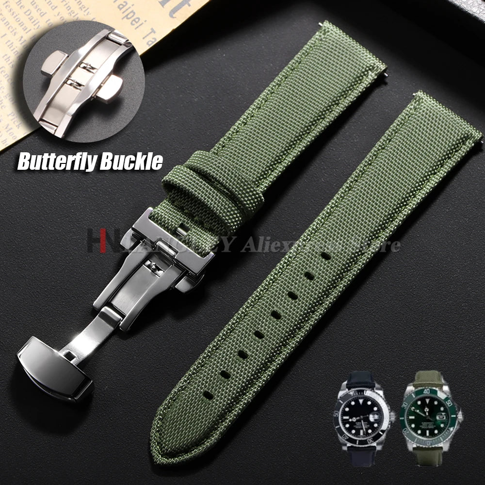 OnePlus Smartwatch Bands Quick Release Sailcloth Nylon Watch Straps with Butterfly Buckle and green strap.