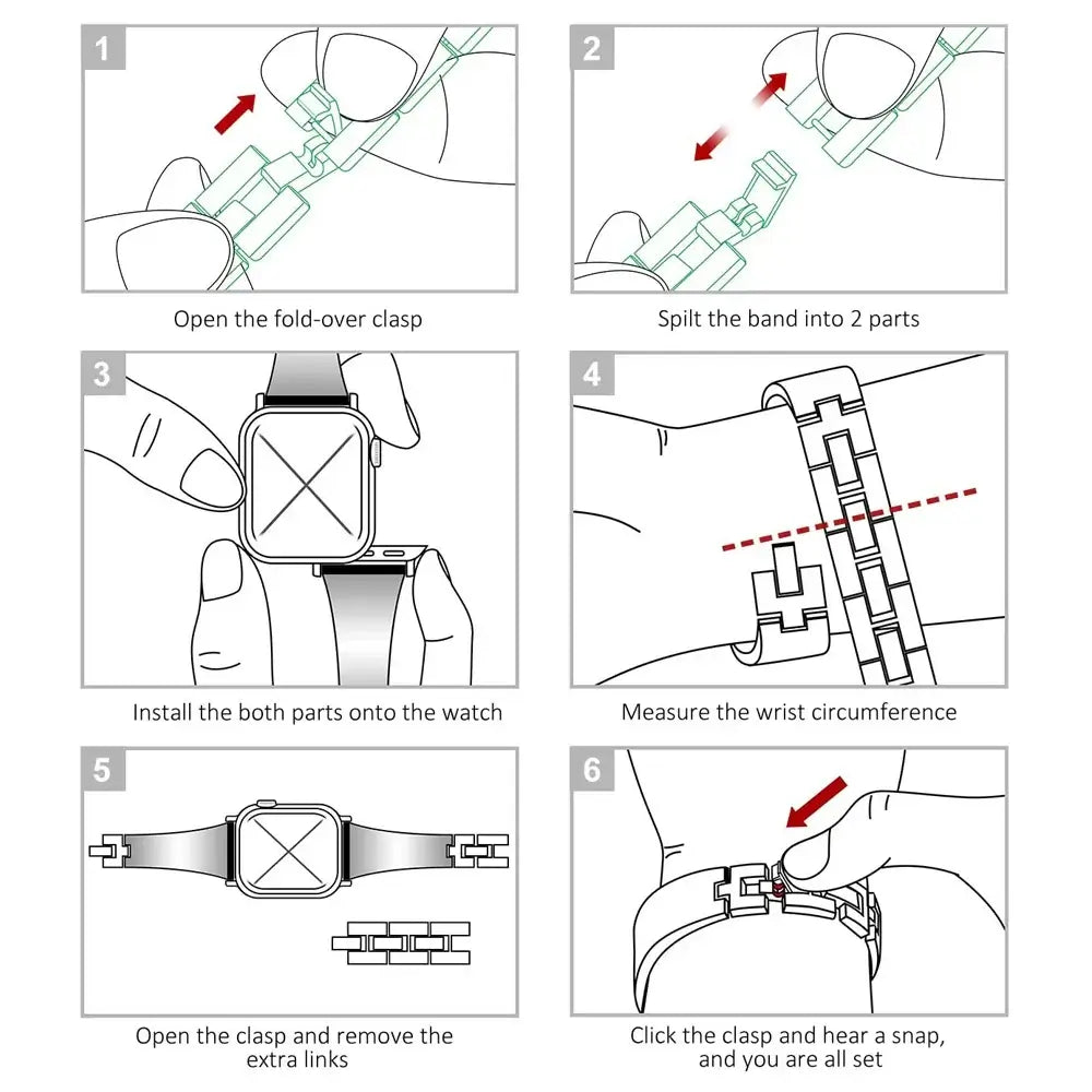 Fitbit Versa & Sense Leather-Woven Chain Band - Clasp adjustment and attachment diagram