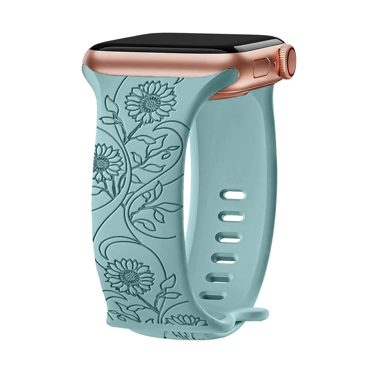 Engraved Botanical Silicone Apple Watch Band in Sage / Sunflower Vine