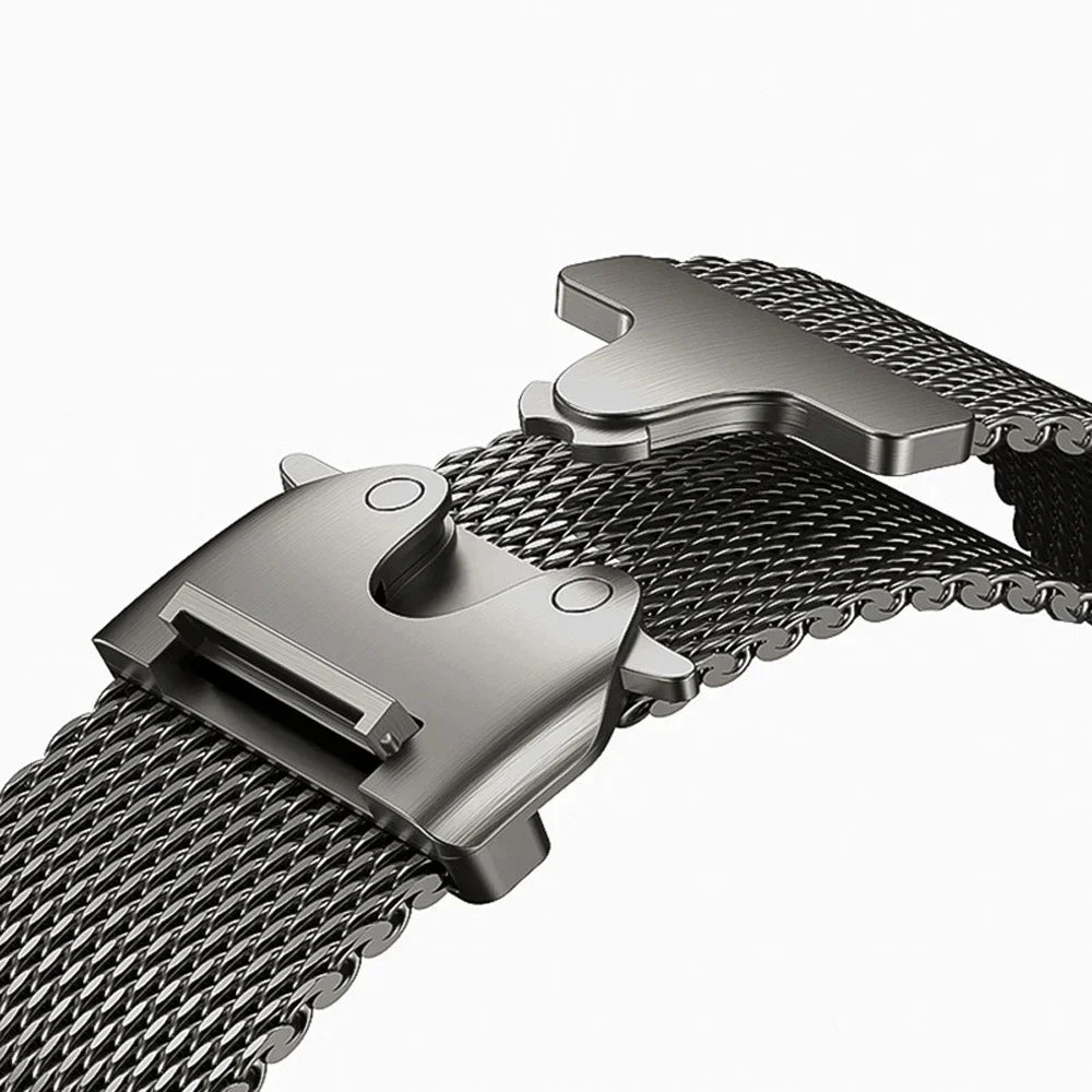 Close-up of parachute-style clasp halves on metal mesh for Apple Watch
