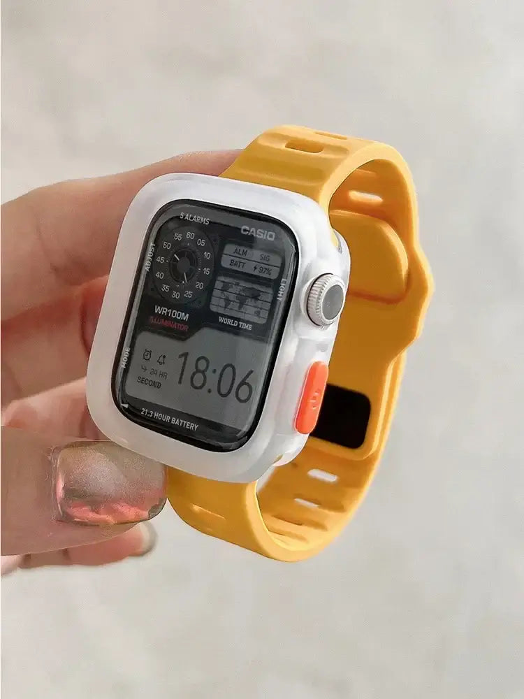 Frosted Clear / Amber Apple Watch silicone band and bumper case; case color listed first for two-color combinations.
