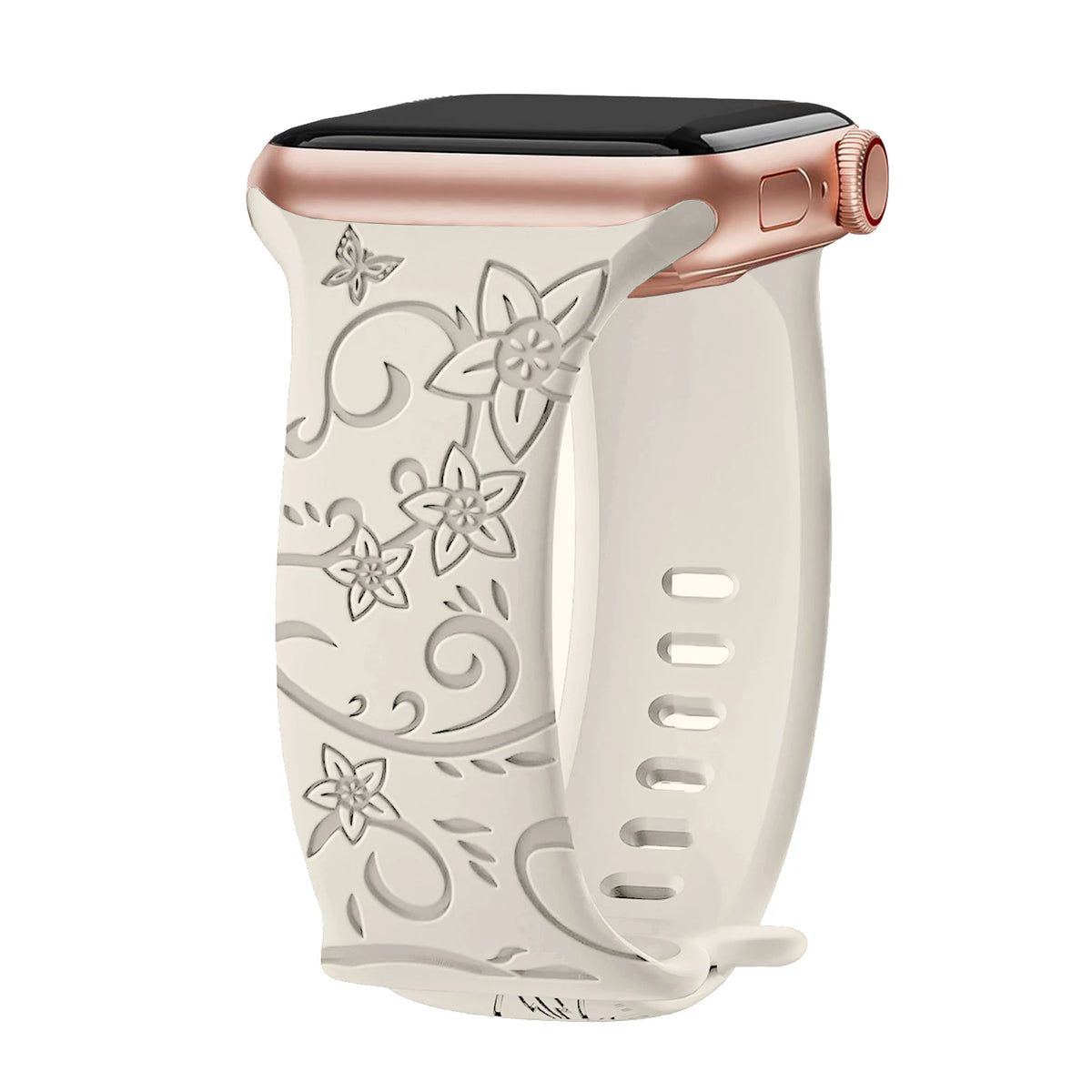 Engraved Botanical Silicone Apple Watch Band in Ivory / Floral Scroll