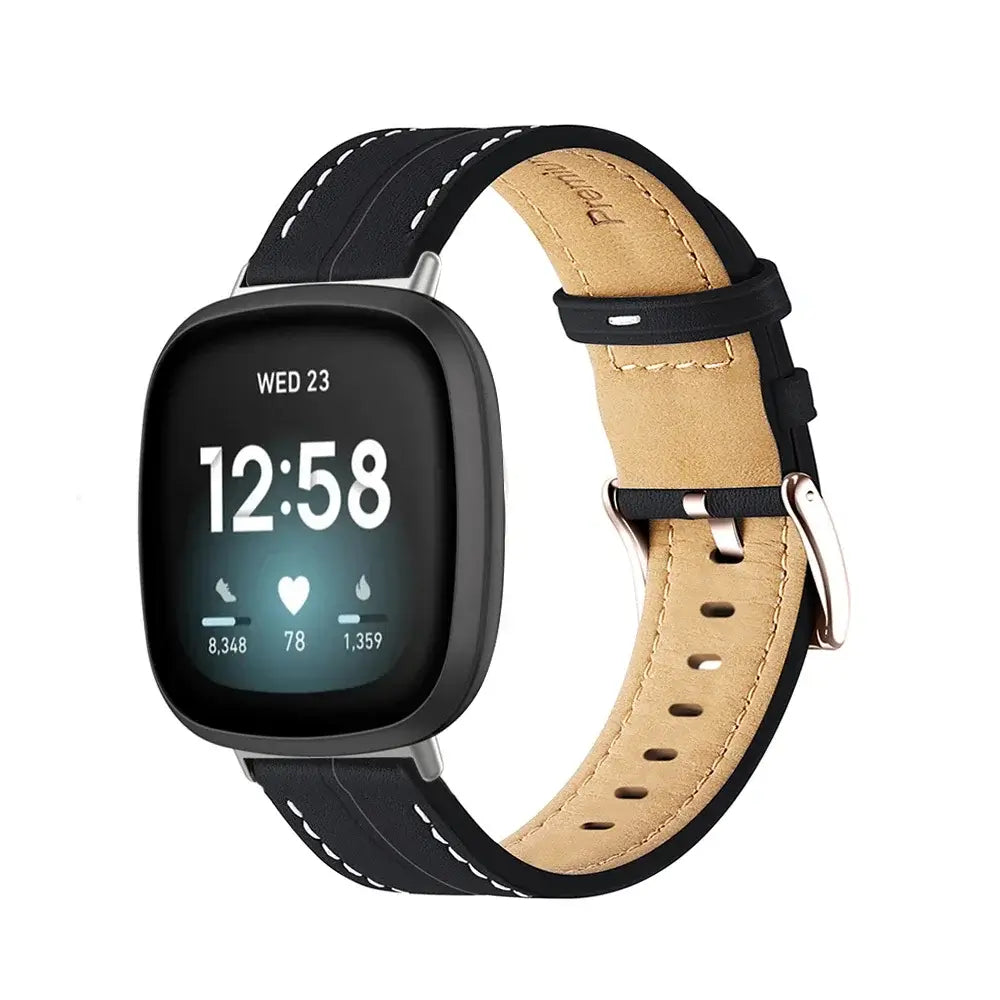 Fitbit Versa & Sense Contrast-Stitched Leather Band - Black