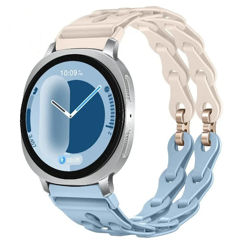 Samsung Galaxy Silicone Chain Watch Band – Watch8/Watch8 Classic/Watch9/Ultra/Ultra2 Multi in Starlight Light Blue with chain design.