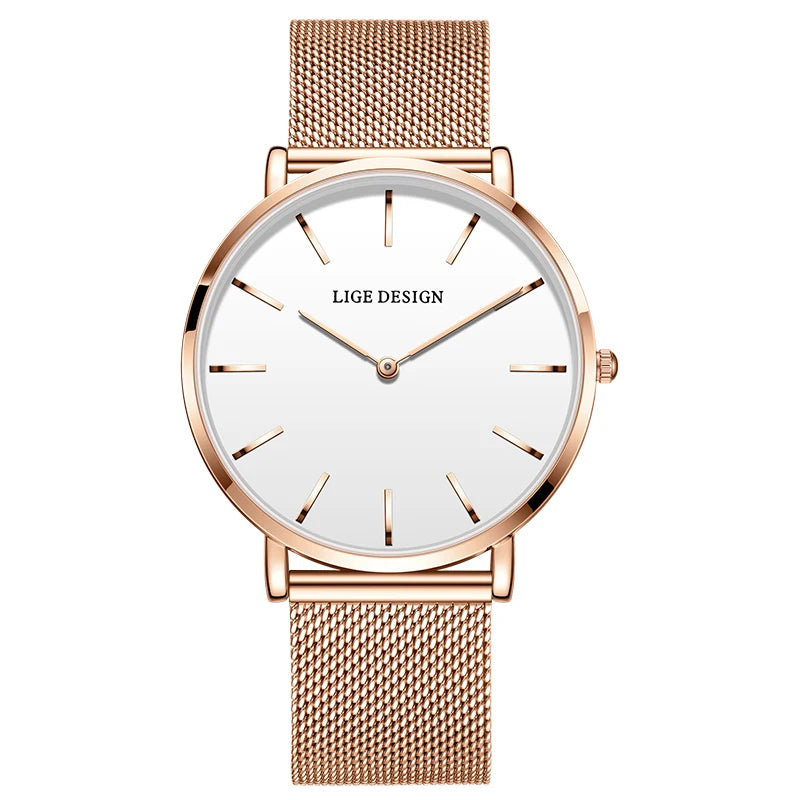 Women's Minimalist Quartz Watch with Stainless Steel Mesh Band — Rose Gold Tone / White Dial