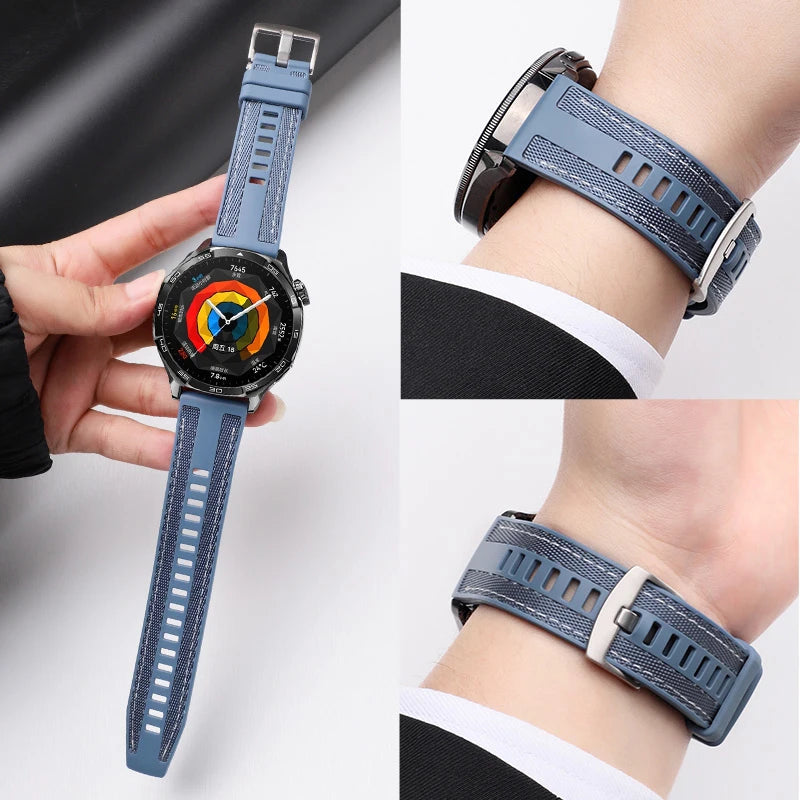 OnePlus Smartwatch Silicone Watch Band Breathable Sport Strap Replacement on wrist showing soft elastic design and multi-angle view.