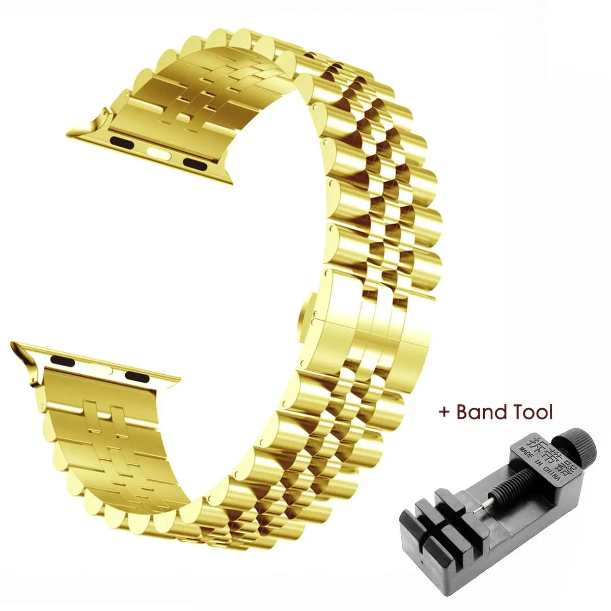 Navy Blue / Gold five-row stainless steel Apple Watch band with adjustment tool
