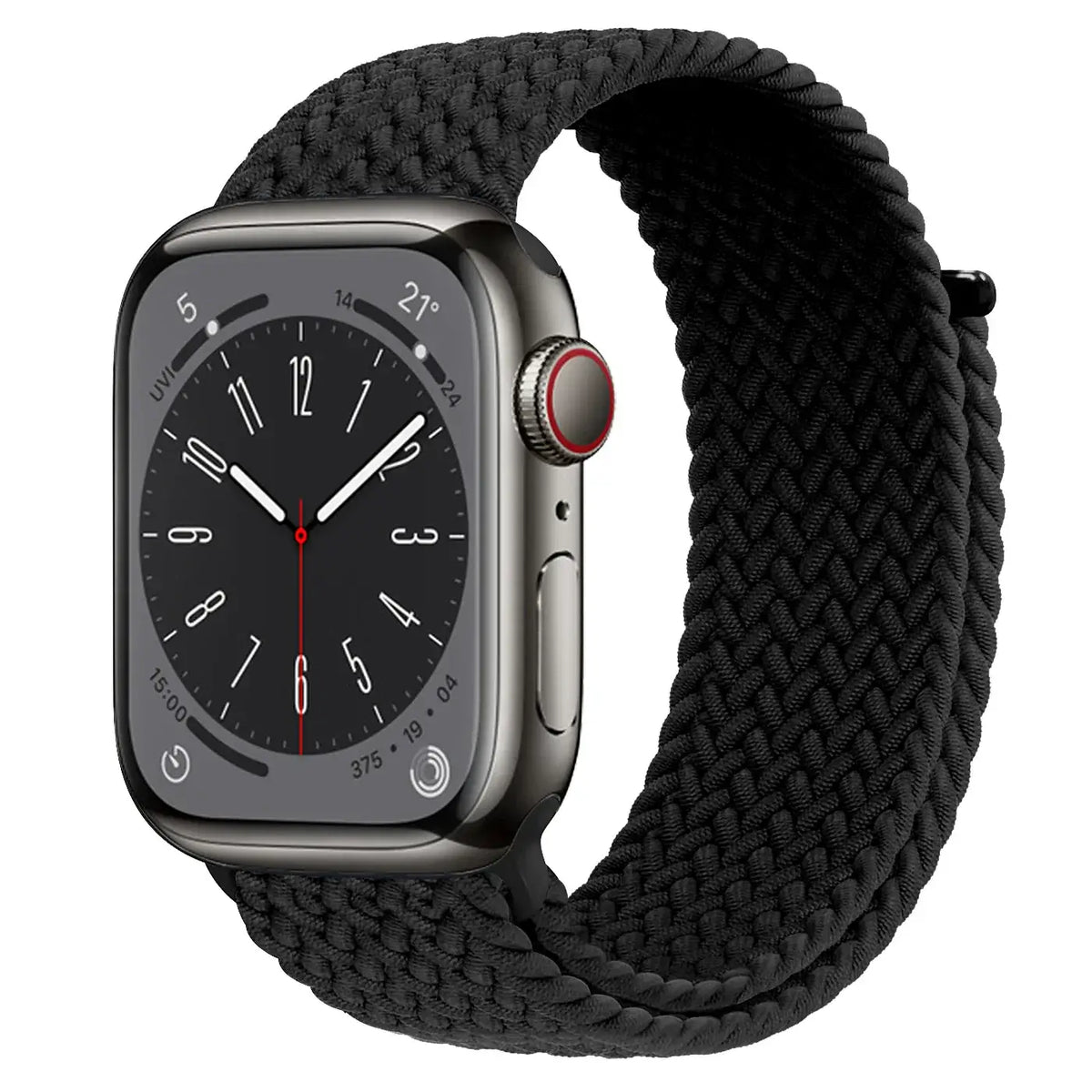Black braided nylon Apple Watch band with hook-and-loop closure