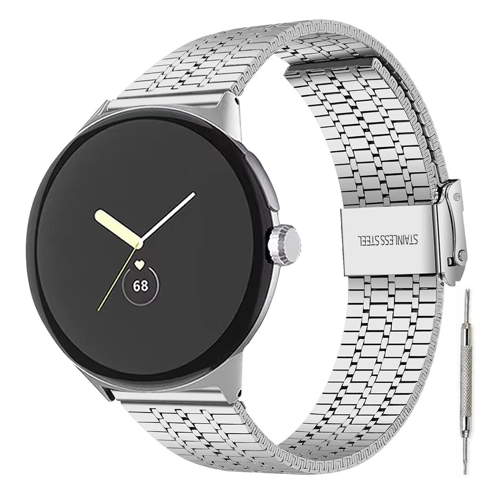 Silver Google Pixel Watch 5, 4 and 3 Seven-Bead Stainless Steel Link Band
