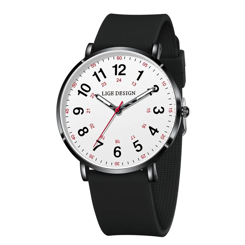 Women's Arabic Numeral Silicone Quartz Watch — Black / Black Case / White Dial — BandsCo Straps
