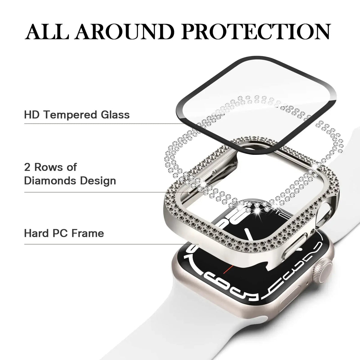 Dazzling Apple Watch case showcasing HD tempered glass and diamond design for ultimate all-around protection.