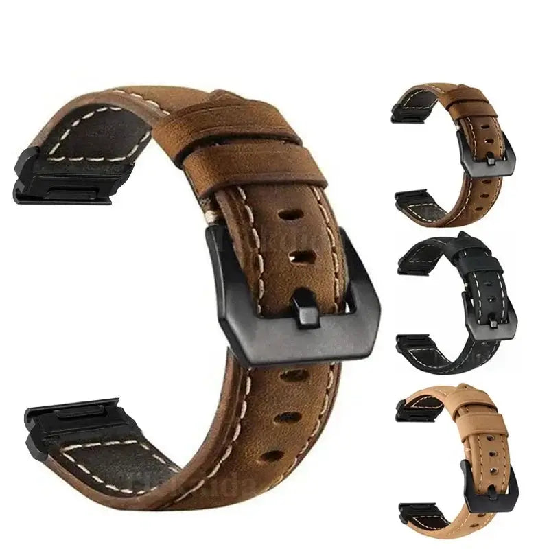 Garmin QuickFit Contrast-Stitch Leather Band brown stitched leather band with three color previews
