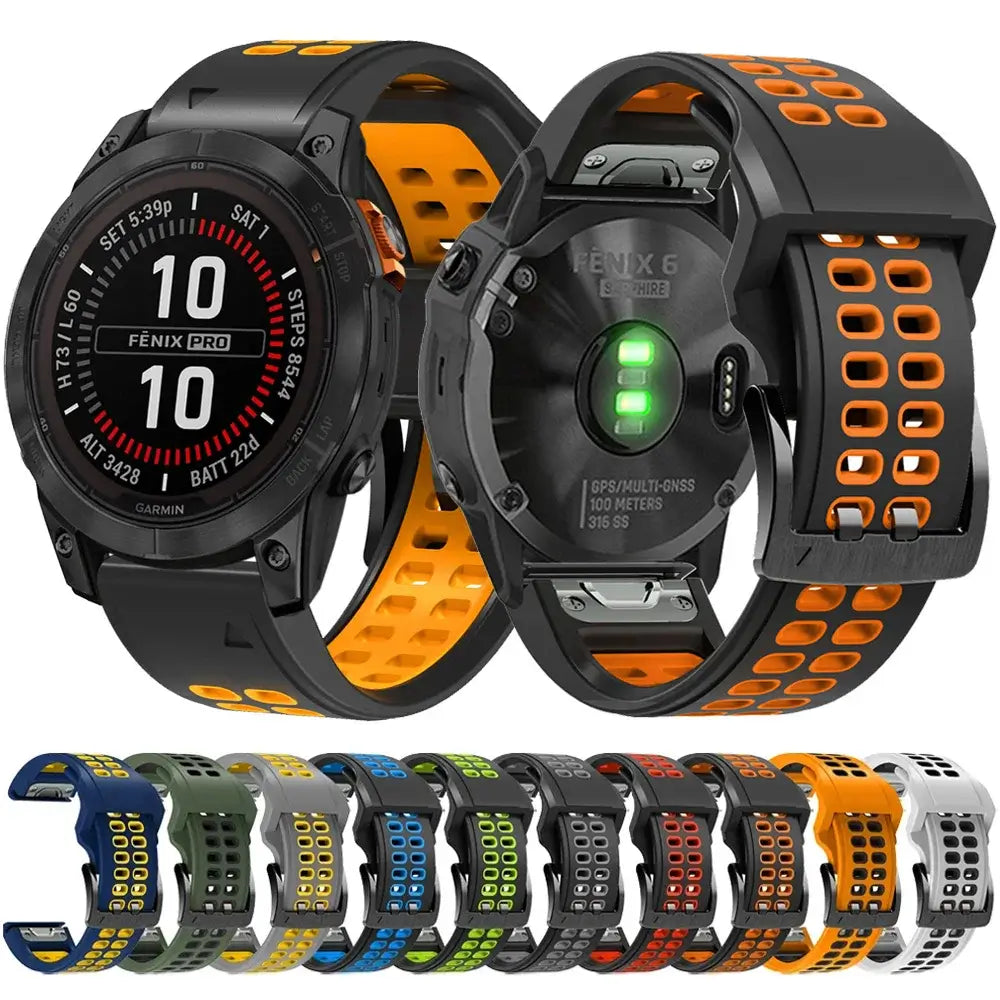 Garmin QuickFit Silicone Band - Solid and Perforated black and orange perforated band shown on watches with color previews