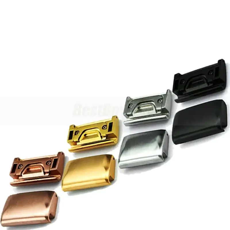 Variety of QuickFit stainless steel adapters for Garmin smartwatches in different colors and finishes.