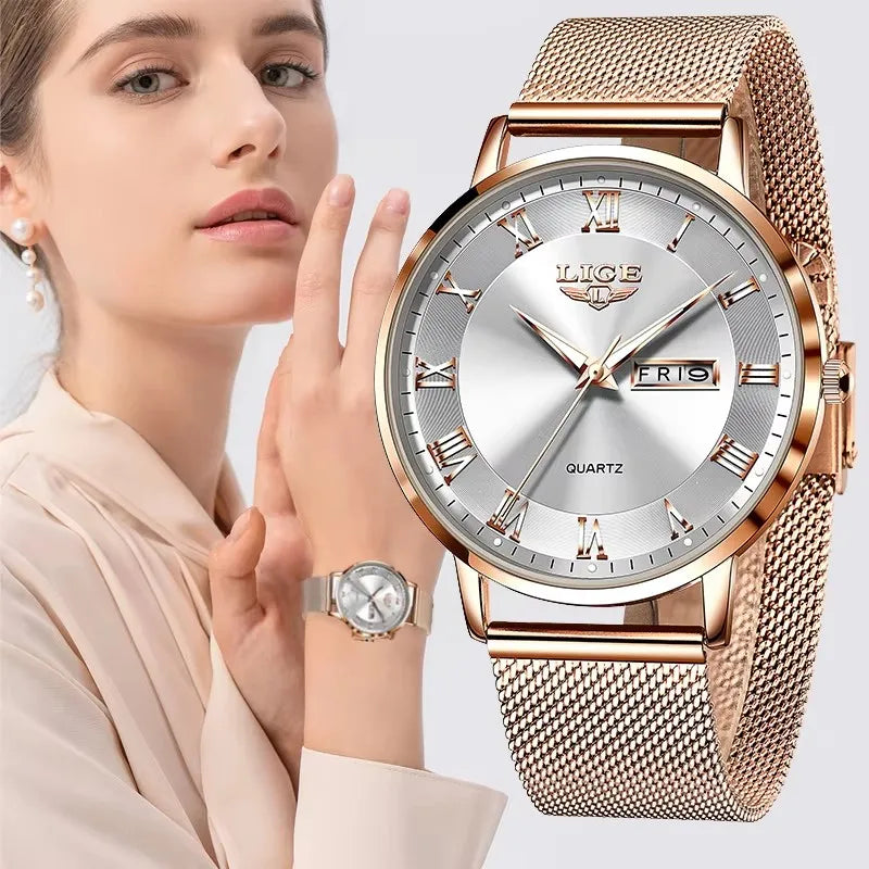 Women's Rose Gold-Tone Mesh Day-Date Watch — Rose gold-tone mesh watch with silver dial — BandsCo Straps