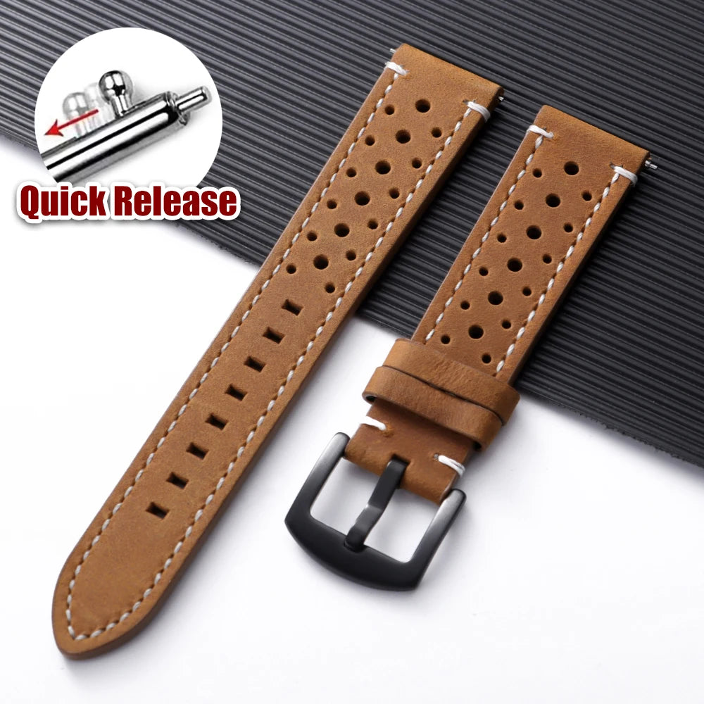 Motorola Moto Perforated Leather Band with Stitched Edges — Tan Brown / White Stitching