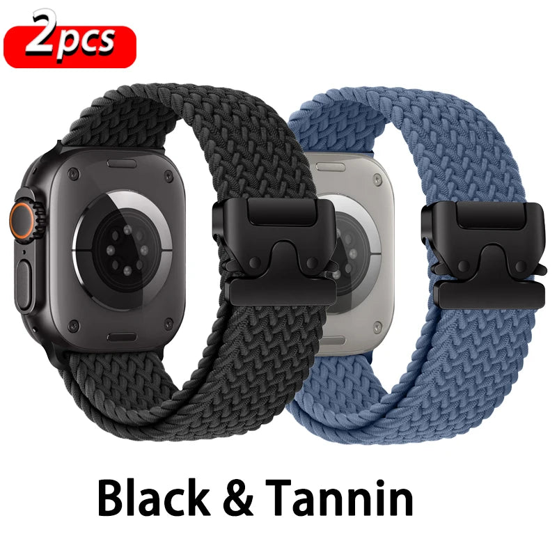 2-Pack: Black + Denim Blue braided nylon Apple Watch band with parachute-style buckle