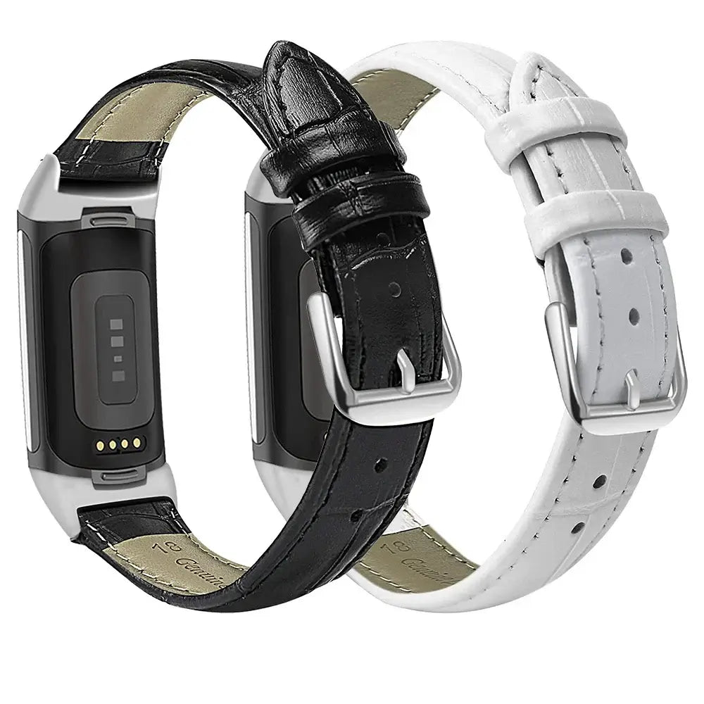 Fitbit Charge Croc-Embossed Leather Band black and white leather straps shown on trackers