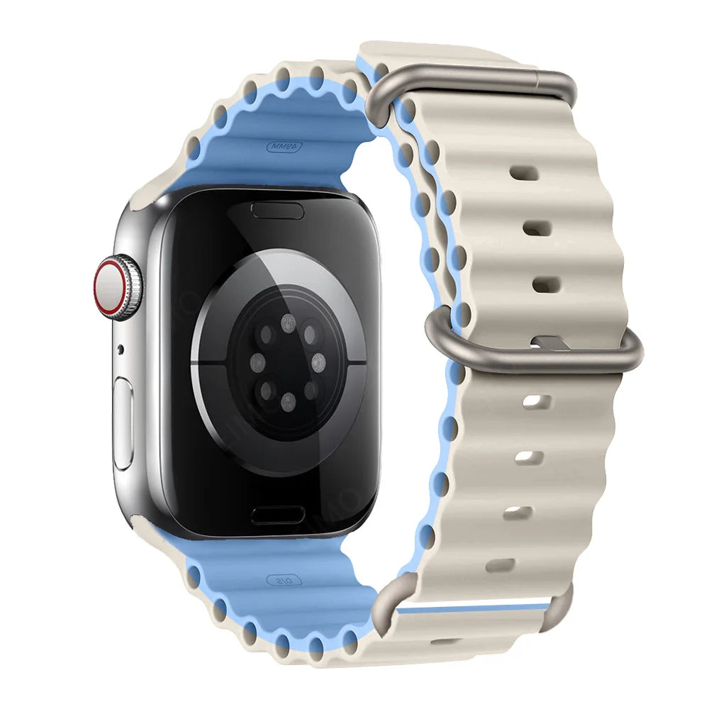 Ribbed Silicone Apple Watch Band with Adjustable Metal Loop in Ivory / Sky Blue