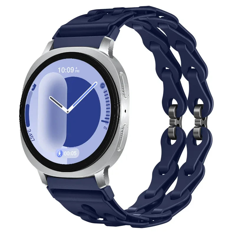 Samsung Galaxy Silicone Chain Watch Band – Watch8/Watch8 Classic/Watch9/Ultra/Ultra2 Multi in deep navy blue on smartwatch.