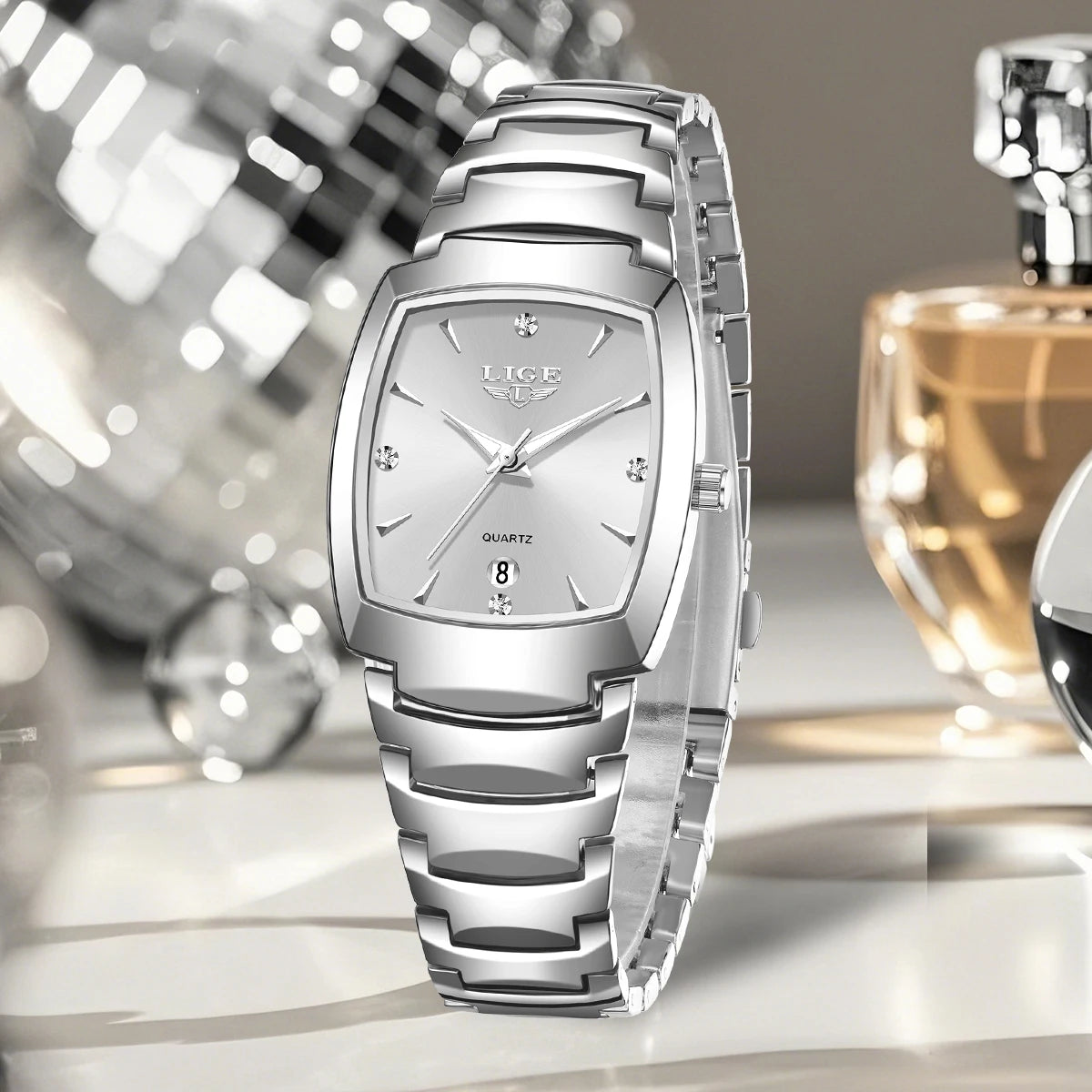 Women's Tonneau Date Quartz Bracelet Watch — Silver-tone bracelet and dial — BandsCo Straps
