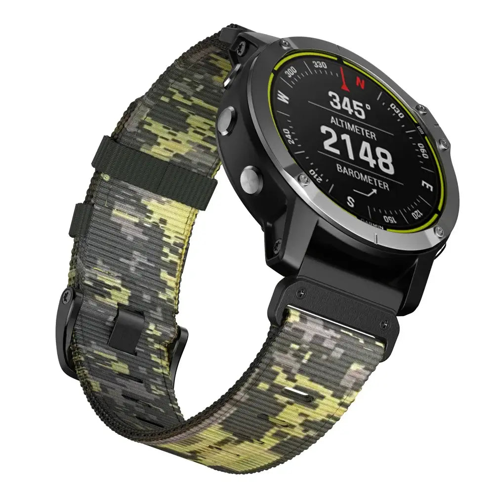 Garmin QuickFit Tactical Nylon Band green digital camouflage band shown on a watch