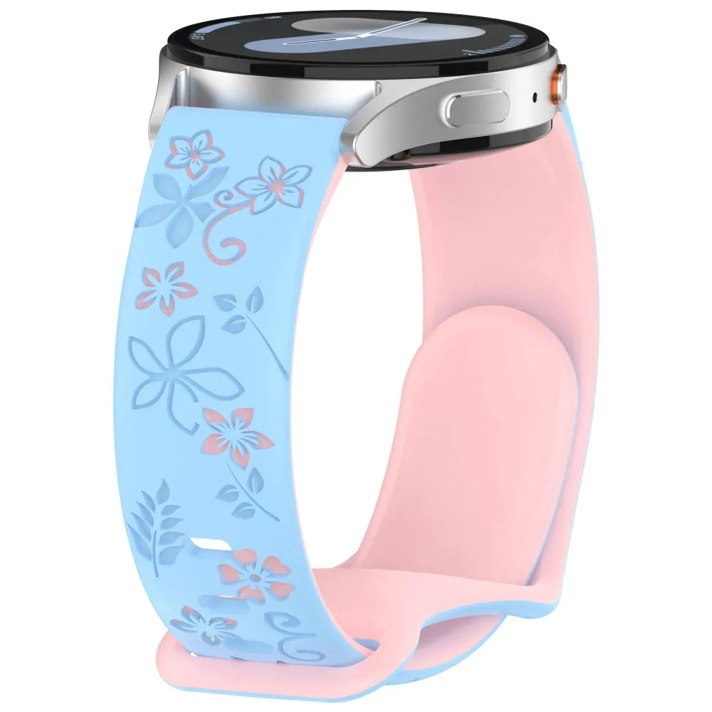 Garmin Floral Engraved Silicone Band in blue on a watch