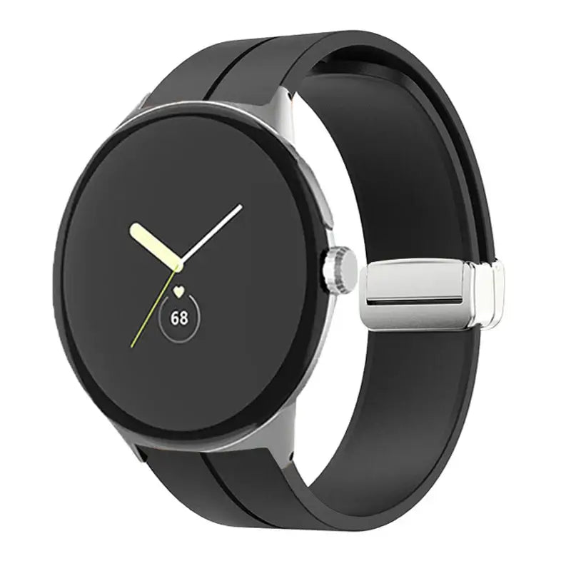 Magnetic Folding Clasp Silicone Google Pixel Watch Band in Black / Silver
